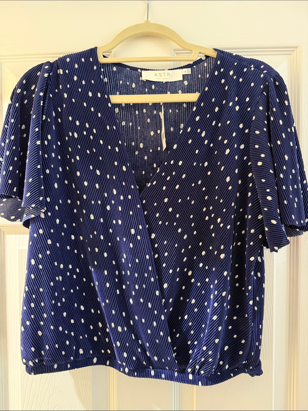 NWT Astr the label Navy Blue Polka Dot V-Neck Blouse